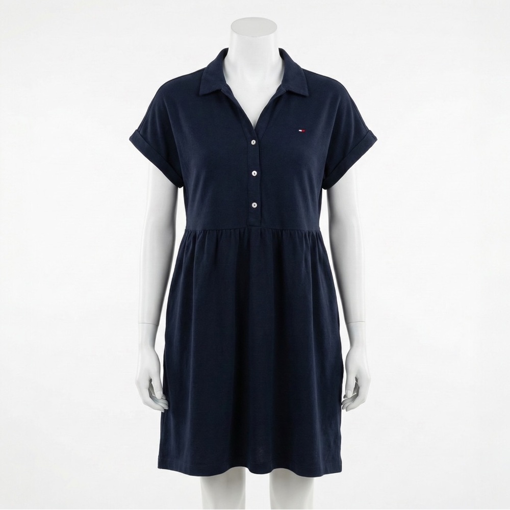 Tommy Hilfiger Navy Blue Polo Dress Large Cotton Babydoll Short Sleeve